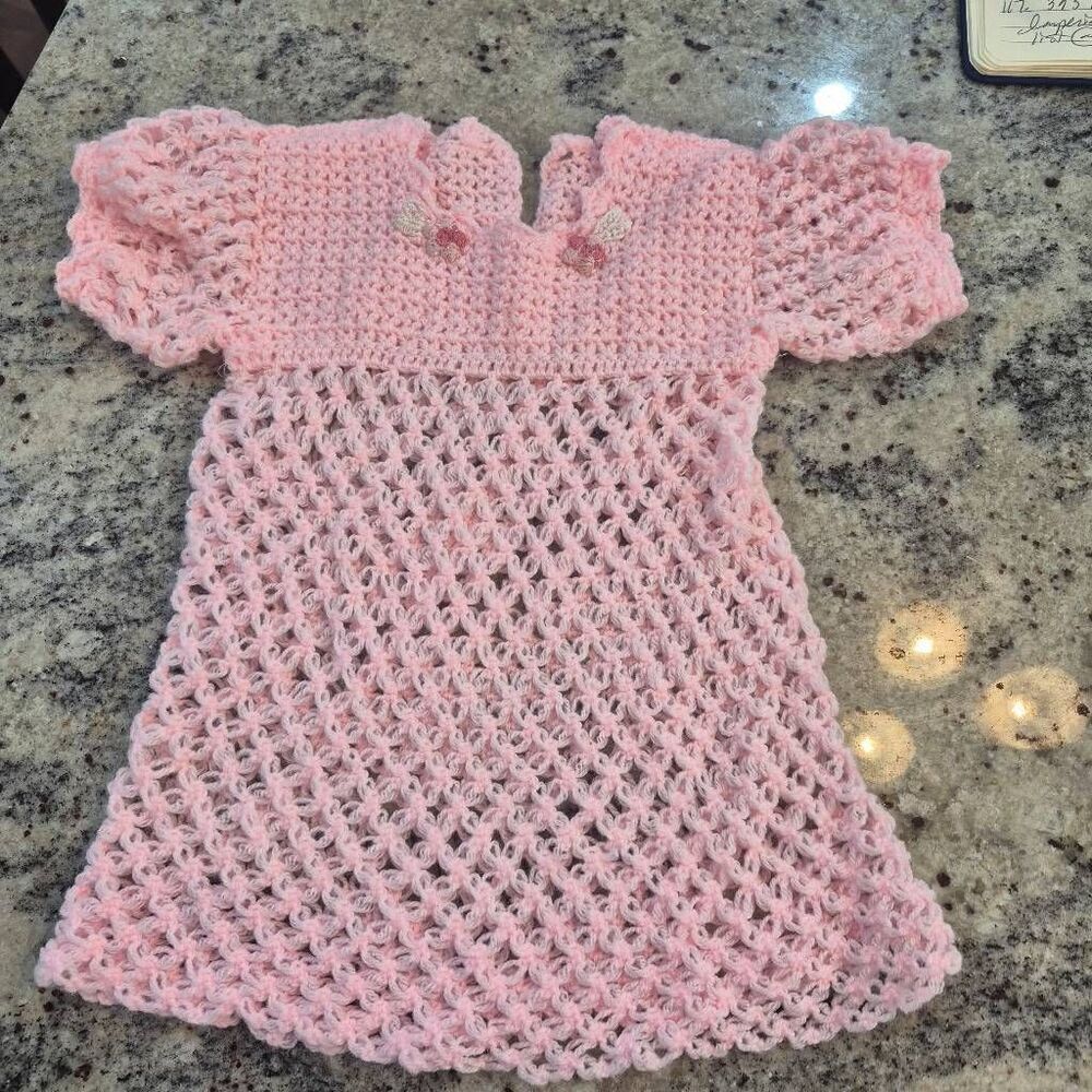 Baby Dress, Vintage Hand Crocheted Pink, made in 1970's
